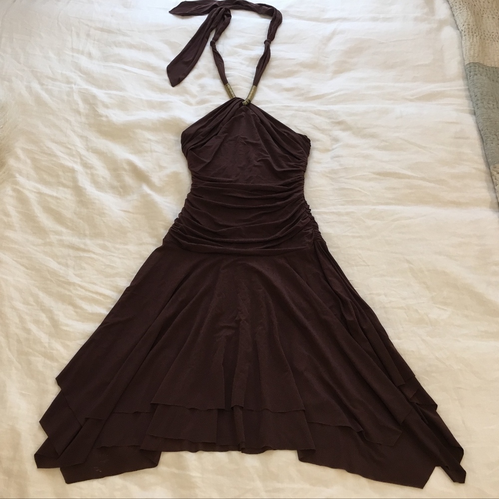 SOLD - BCBGMaxAzria Gold-Embellished Brown Halter